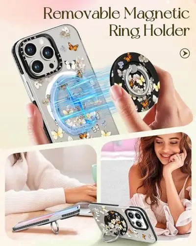 Lotadilo for iPhone 15 Pro Max Case for Women - Cute Kawaii Design Girls Compatible with Magsafe Magnetic Ring Holder Stand Butterfly Flower Phone Covers Aesthetic Girly TPU Funda for 15 Pro Max - 4