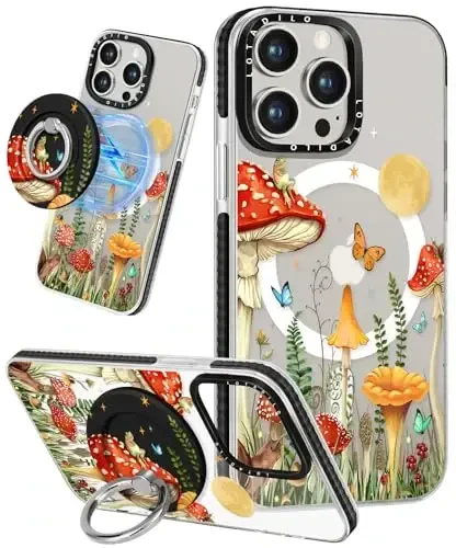 Lotadilo for iPhone 15 Pro Max Case for Women - Cute Kawaii Design Girls Compatible with Magsafe Magnetic Ring Holder Stand Mushrooms Butterflies Phone Covers Aesthetic Girly TPU Funda for 15 Pro Max - LOTADILO