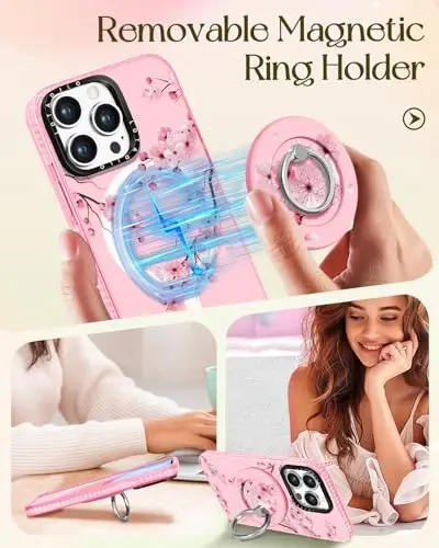 Lotadilo for iPhone 15 Pro Max Case for Women - Cute Kawaii Design Girls Compatible with Magsafe Magnetic Ring Holder Stand Peach Blossom Phone Covers Aesthetic Girly TPU Funda for 15 Pro Max - 4