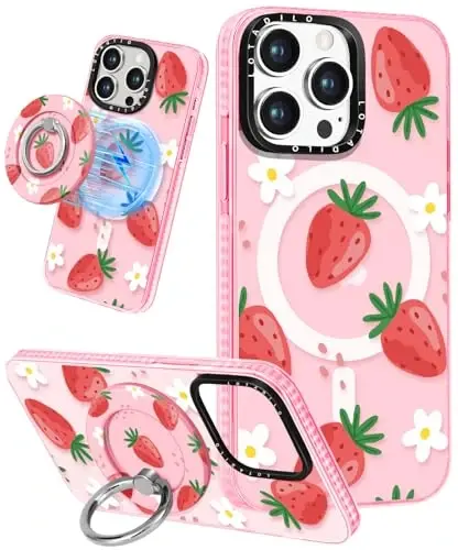 Lotadilo for iPhone 15 Pro Max Case for Women - Cute Kawaii Design Girls Magsafe magnit halqali ushlagich stendi bilan mos keladi Qulupnay gul telefon qopqoqlari Aesthetic Girly TPU Funda for 15 Pro Max - LOTADILO
