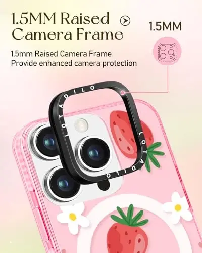 Lotadilo for iPhone 15 Pro Max Case for Women - Cute Kawaii Design Girls Magsafe magnit halqali ushlagich stendi bilan mos keladi Qulupnay gul telefon qopqoqlari Aesthetic Girly TPU Funda for 15 Pro Max - 3