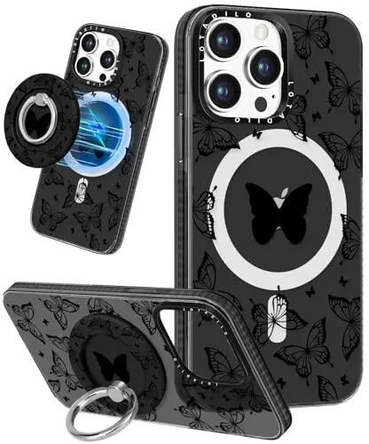 Lotadilo for iPhone 15 Pro Max Case with Stand, Black Butterfly | Compatible with Magsafe, Magnetic Ring Holder, Cute Girly Pattern, Phone Cover for Women Teen Girls, TPU Bumper Protection - 1