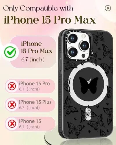 Lotadilo for iPhone 15 Pro Max Case with Stand, Black Butterfly | Compatible with Magsafe, Magnetic Ring Holder, Cute Girly Pattern, Phone Cover for Women Teen Girls, TPU Bumper Protection - LOTADILO (1)