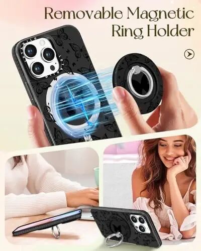 Lotadilo for iPhone 15 Pro Max Case with Stand, Black Butterfly | Compatible with Magsafe, Magnetic Ring Holder, Cute Girly Pattern, Phone Cover for Women Teen Girls, TPU Bumper Protection - 4