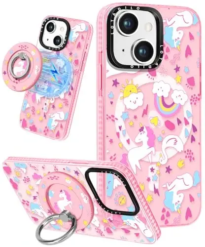 Lotadilo iPhone 15 Kılıf Kadınlar - Kızlar için Kawaii Tasarım, Magsafe Uyumlu Manyetik Halka Standlı Gökkuşağı At Telefon Kılıfları Estetik Kızsı TPU Funda 15 için - 1