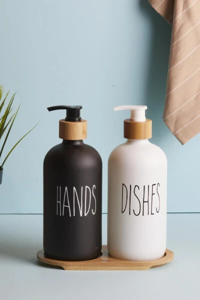 Lotion 2-Piece Black and White Kitchen Liquid Soap Dispenser Set 500ml 500ml with Bamboo Tray - 1