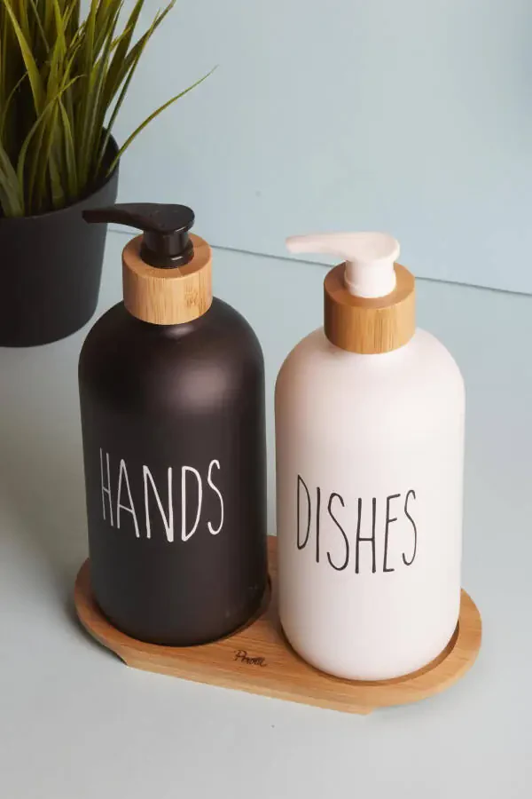 Lotion 2-Piece Black and White Kitchen Liquid Soap Dispenser Set 500ml 500ml with Bamboo Tray - 2