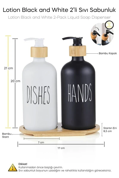 Lotion 2-Piece Black and White Kitchen Liquid Soap Dispenser Set 500ml 500ml with Bamboo Tray - 3