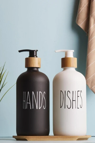 Lotion 2-Piece Black and White Kitchen Liquid Soap Dispenser Set 500ml 500ml with Bamboo Tray - 4