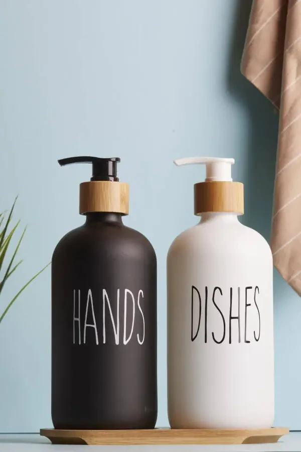 Lotion 2-Piece Black and White Kitchen Liquid Soap Dispenser Set 500ml 500ml with Bamboo Tray - 4