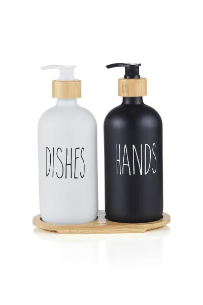 Lotion 2-Piece Black and White Kitchen Liquid Soap Dispenser Set 500ml 500ml with Bamboo Tray - 5