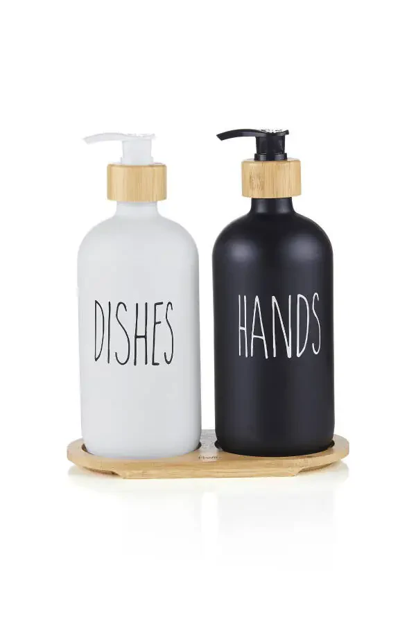 Lotion 2-Piece Black and White Kitchen Liquid Soap Dispenser Set 500ml 500ml with Bamboo Tray - 5