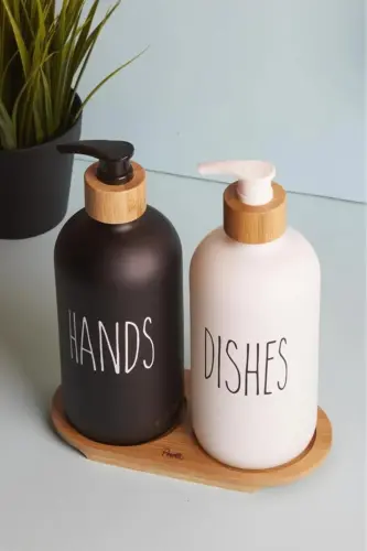 Lotion 2-Piece Black and White Kitchen Liquid Soap Dispenser Set 500ml 500ml with Bamboo Tray - 1