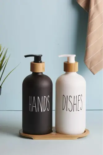 Lotion 2-Piece Black and White Kitchen Liquid Soap Dispenser Set 500ml 500ml with Bamboo Tray - 2