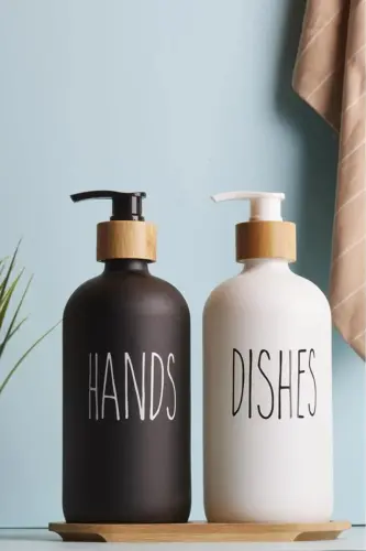 Lotion 2-Piece Black and White Kitchen Liquid Soap Dispenser Set 500ml 500ml with Bamboo Tray - 3