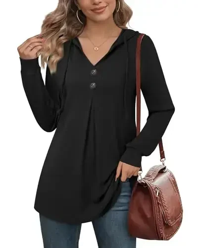 Lotusmile Ayollar uzun qisma kapüşonli tunika toplamlari Tugmacha Swing Pullover Hoodie Sviterlar - 2