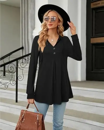 Lotusmile Ayollar uzun qisma kapüşonli tunika toplamlari Tugmacha Swing Pullover Hoodie Sviterlar - 3