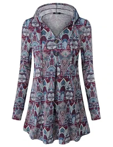 Lotusmile ayollar uzun yengli kapüşonli tunika tepalari tugmali belanchak puloverli kapüşonli svitşotlar - 2