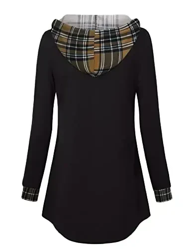 Lotusmile Ayollarning uzun qisma kapüşonli tunika toplamlari tugmachali swing pullover Hoodie sviterlar - 3