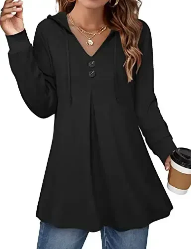 Lotusmile Women's Long Sleeve Hooded Tunic Tops Button Swing Pullover Hoodie Sweatshirts - 1