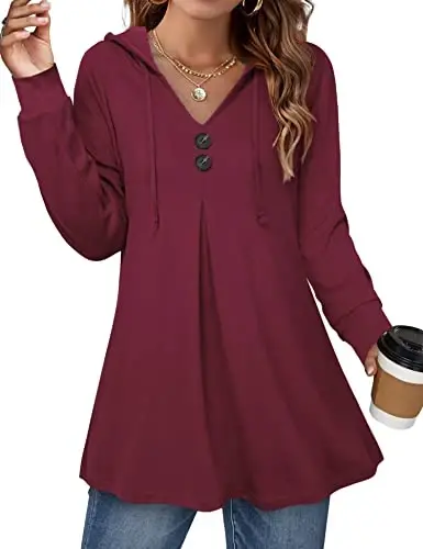 Lotusmile Women's Long Sleeve Hooded Tunic Tops Button Swing Pullover Hoodie Sweatshirts - 1