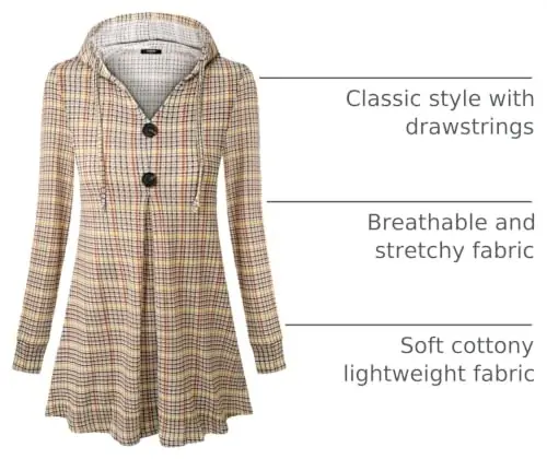 Lotusmile Women's Long Sleeve Hooded Tunic Tops Button Swing Pullover Hoodie Sweatshirts - 1