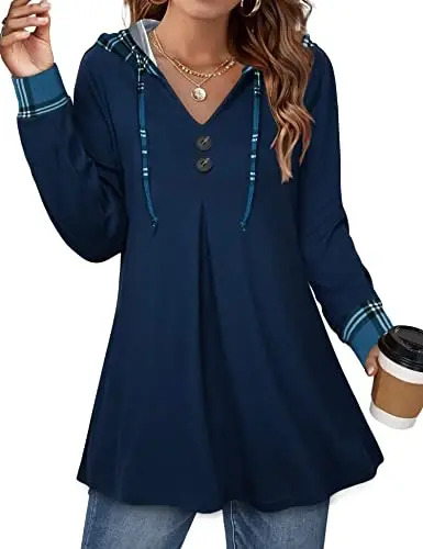 Lotusmile Women's Long Sleeve Hooded Tunic Tops Button Swing Pullover Hoodie Sweatshirts 