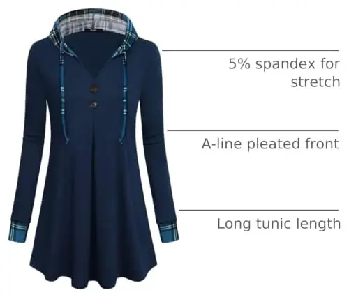 Lotusmile Women's Long Sleeve Hooded Tunic Tops Button Swing Pullover Hoodie Sweatshirts - 1