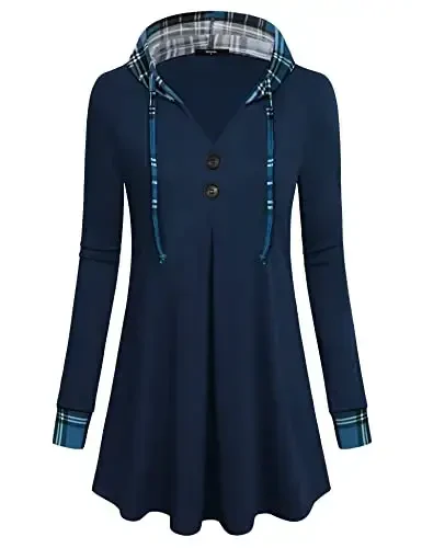 Lotusmile Women's Long Sleeve Hooded Tunic Tops Button Swing Pullover Hoodie Sweatshirts - 2