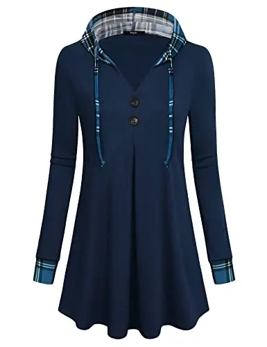 Lotusmile Women's Long Sleeve Hooded Tunic Tops Button Swing Pullover Hoodie Sweatshirts - 2