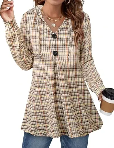 Lotusmile Women's Long Sleeve Hooded Tunic Tops Button Swing Pullover Hoodie Sweatshirts - 1