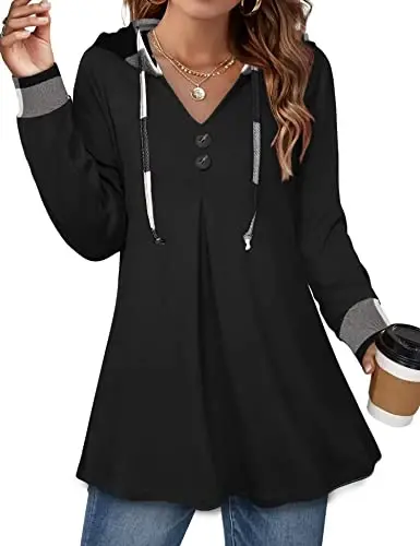 Lotusmile Women's Long Sleeve Hooded Tunic Tops Button Swing Pullover Hoodie Sweatshirts - 1