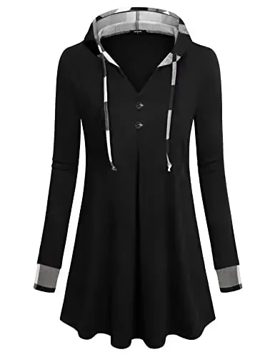 Lotusmile Women's Long Sleeve Hooded Tunic Tops Button Swing Pullover Hoodie Sweatshirts - 2