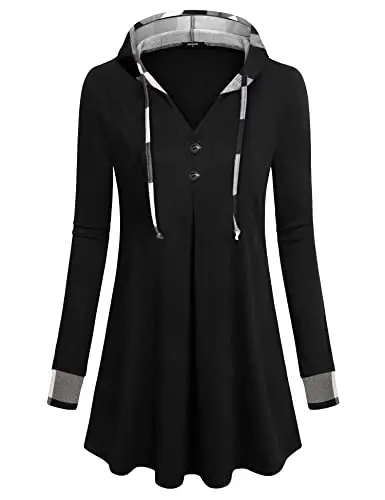 Lotusmile Women's Long Sleeve Hooded Tunic Tops Button Swing Pullover Hoodie Sweatshirts - 2