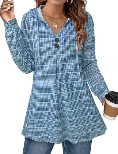 Lotusmile Women's Long Sleeve Hooded Tunic Tops Button Swing Pullover Hoodie Sweatshirts - MODAZONE