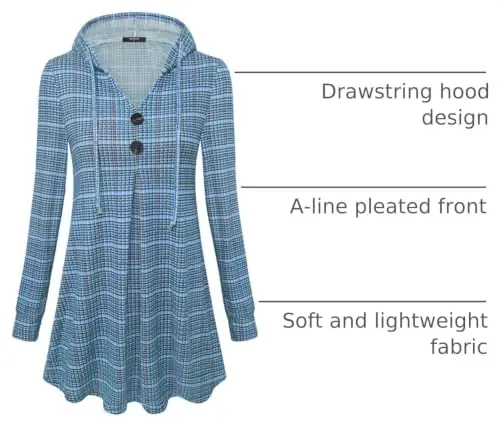 Lotusmile Women's Long Sleeve Hooded Tunic Tops Button Swing Pullover Hoodie Sweatshirts - 3