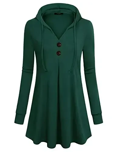 Lotusmile Women's Long Sleeve Hooded Tunic Tops Button Swing Pullover Hoodie Sweatshirts - 2