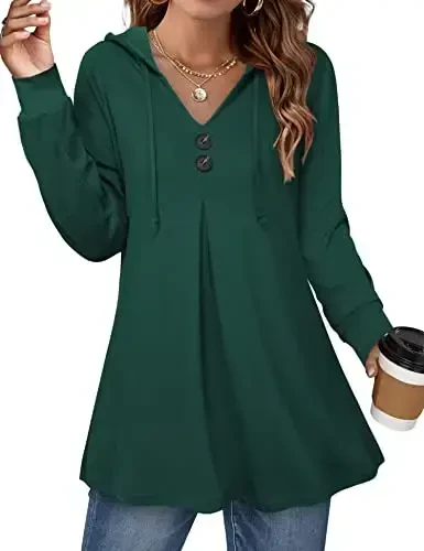 Lotusmile Women's Long Sleeve Hooded Tunic Tops Button Swing Pullover Hoodie Sweatshirts - MODAZONE
