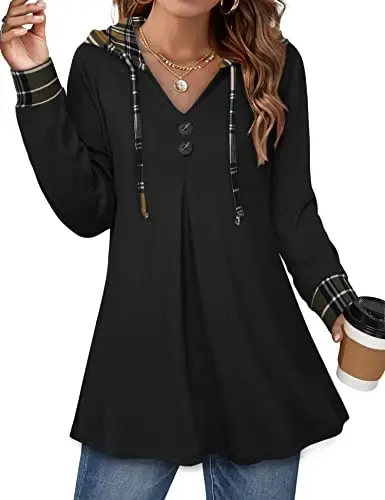 Lotusmile Women's Long Sleeve Hooded Tunic Tops Button Swing Pullover Hoodie Sweatshirts - 1
