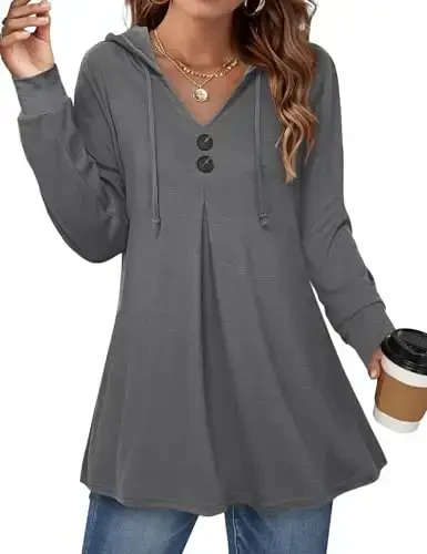 Lotusmile Women's Long Sleeve Hooded Tunic Tops Button Swing Pullover Hoodie Sweatshirts - 1
