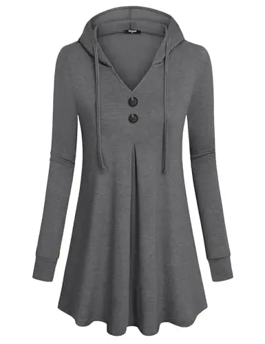 Lotusmile Women's Long Sleeve Hooded Tunic Tops Button Swing Pullover Hoodie Sweatshirts - 2