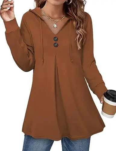 Lotusmile Women's Long Sleeve Hooded Tunic Tops Button Swing Pullover Hoodie Sweatshirts - 1