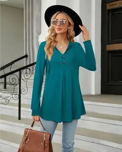 Lotusmile Women's Long Sleeve Hooded Tunic Tops Button Swing Pullover Hoodie Sweatshirts - 3