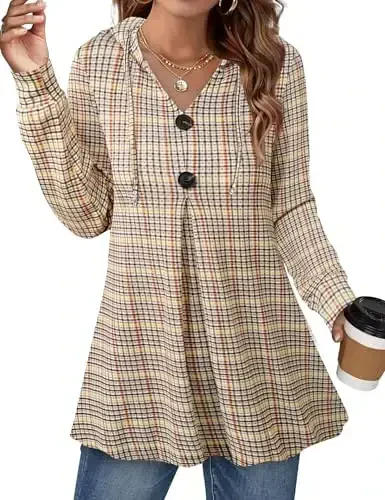Lotusmile Women's Long Sleeve Hooded Tunic Tops Button Swing Pullover Hoodie Sweatshirts - LOTUSMILE