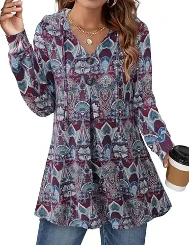 Lotusmile Women's Long Sleeve Hooded Tunic Tops Button Swing Pullover Hoodie Sweatshirts - LOTUSMILE