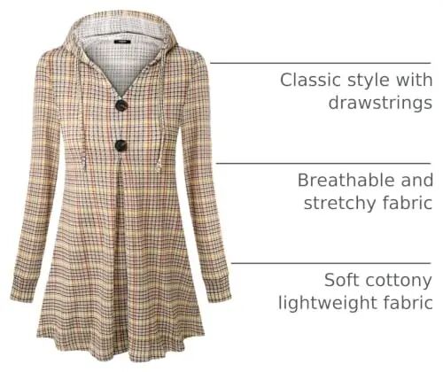 Lotusmile Women's Long Sleeve Hooded Tunic Tops Button Swing Pullover Hoodie Sweatshirts 