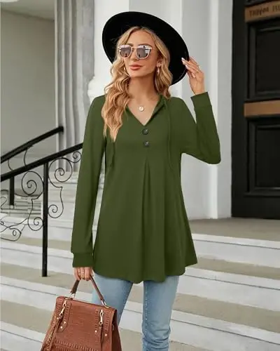 Lotusmile Women's Long Sleeve Hooded Tunic Tops Button Swing Pullover Hoodie Sweatshirts - LOTUSMILE (1)