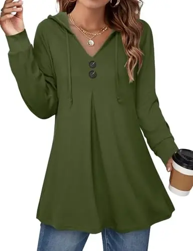 Lotusmile Women's Long Sleeve Hooded Tunic Tops Button Swing Pullover Hoodie Sweatshirts - 3