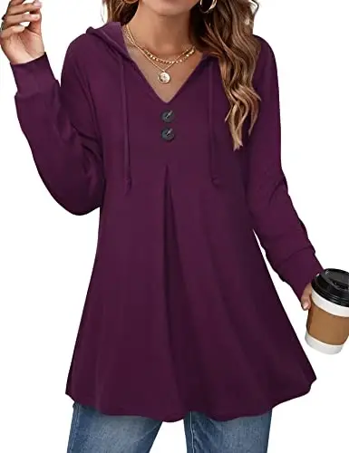 Lotusmile Women's Long Sleeve Hooded Tunic Tops Button Swing Pullover Hoodie Sweatshirts - 1