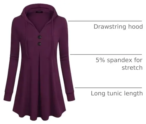 Lotusmile Women's Long Sleeve Hooded Tunic Tops Button Swing Pullover Hoodie Sweatshirts - 4